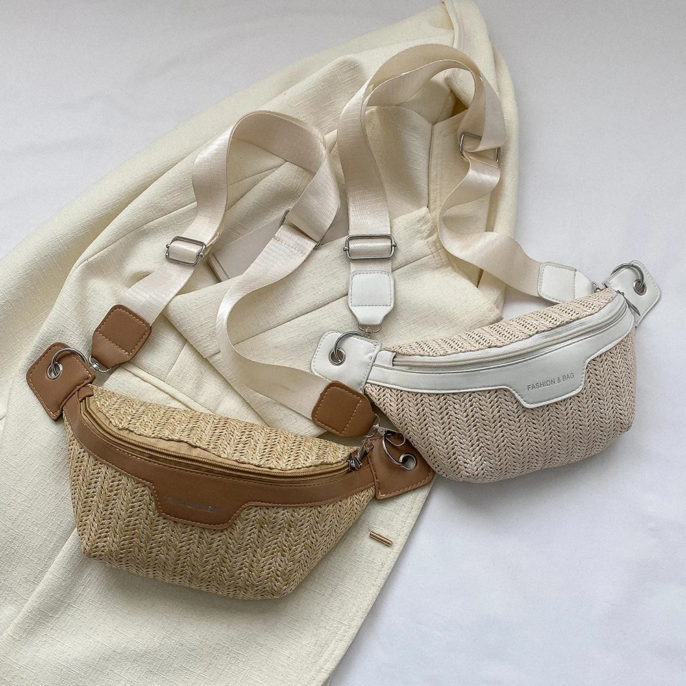 Womens Waist Bags Straw Woven Chest Bags Summer Knitting Banana Bags Wide Shoulder Strap Female Fanny Pack Hand-Woven Belt Bags 250731