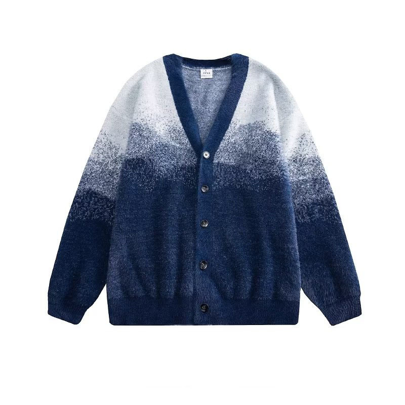 Trendy gradient plush V-neck cardigan sweater for men and women loose and lazy versatile knitted jacket y240827