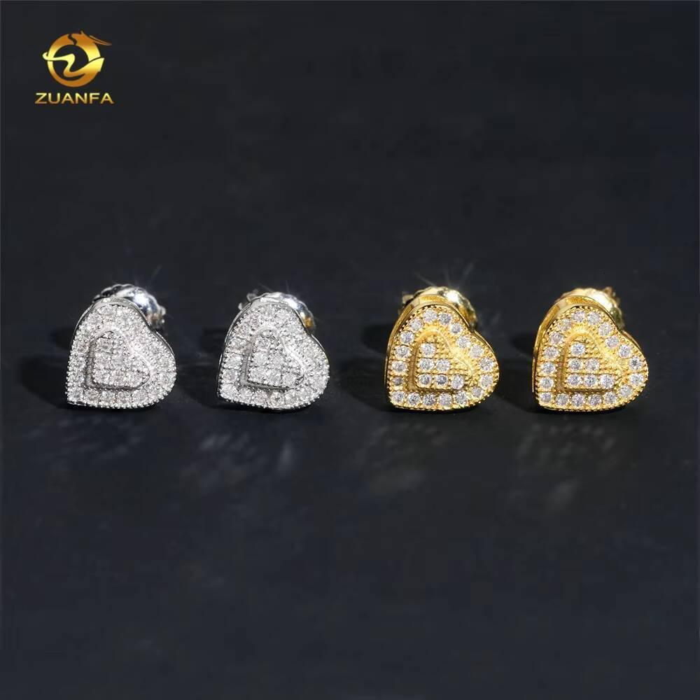 Hip Hop Style Heart Stud Iced Out GRA Certified Moissanite Diamond 925 Sterling Silver Earrings