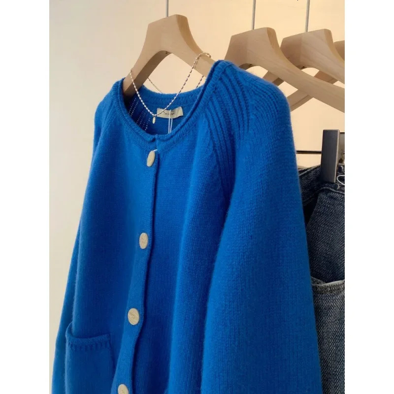 Blue Knitted Cardigan Sweater Jacket For Women Early Spring n Sensibility Nichelantern Sleeve Top Outerwear Crew Neck 250731