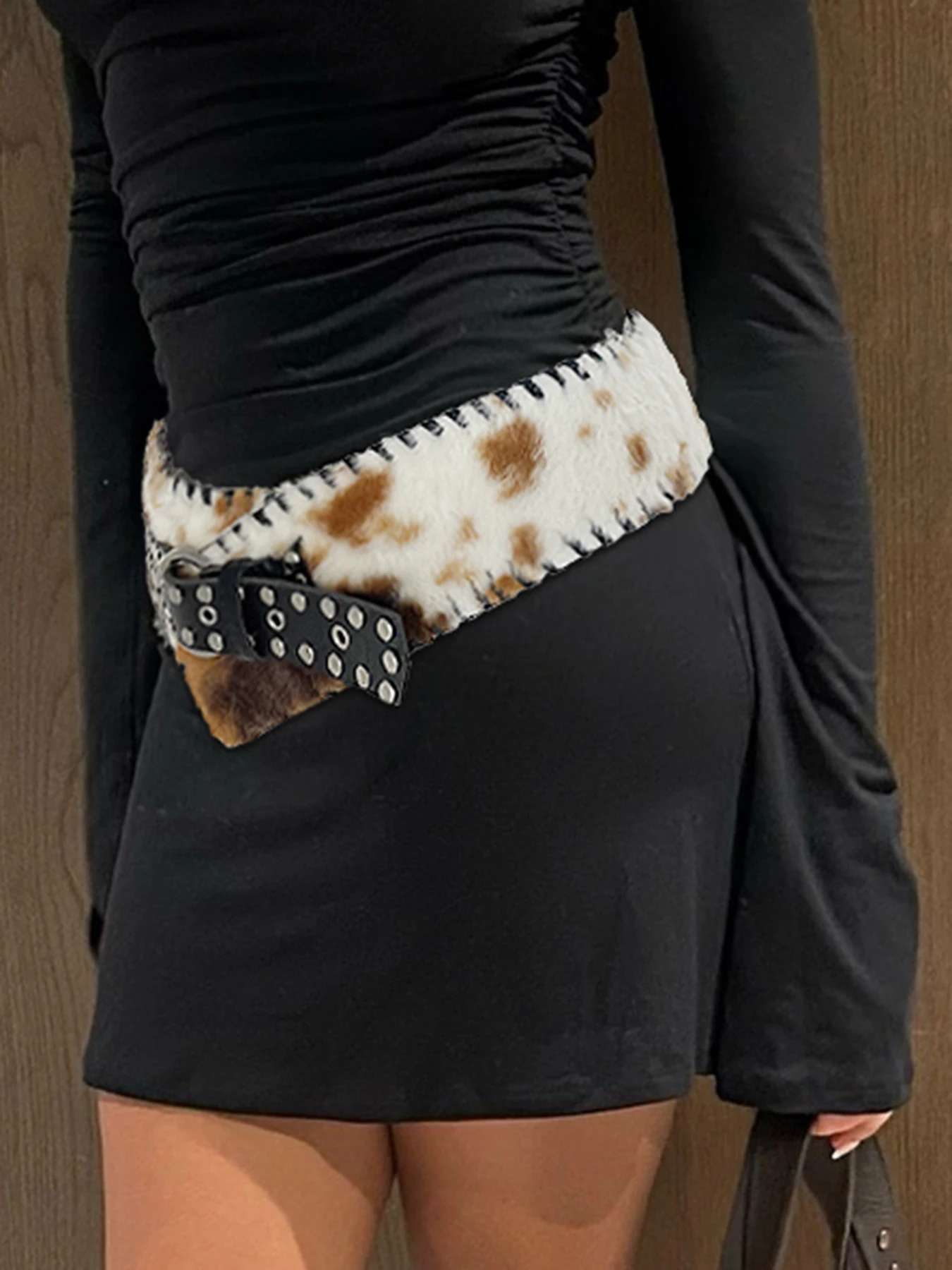 Fashion Classical Leather Pu Spliced Faux Fur Women's Belts Cow Pattern Exquisite Retro Accessories 250814ww