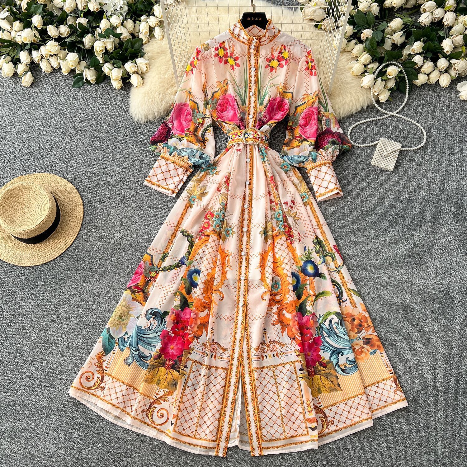 Spring Sumemr Holiday Flower Chiffon Maxi Dress Womens Lapel Long Lantern Sleeve Floral Print Belt Boho Robe Vestidos 6270 240812