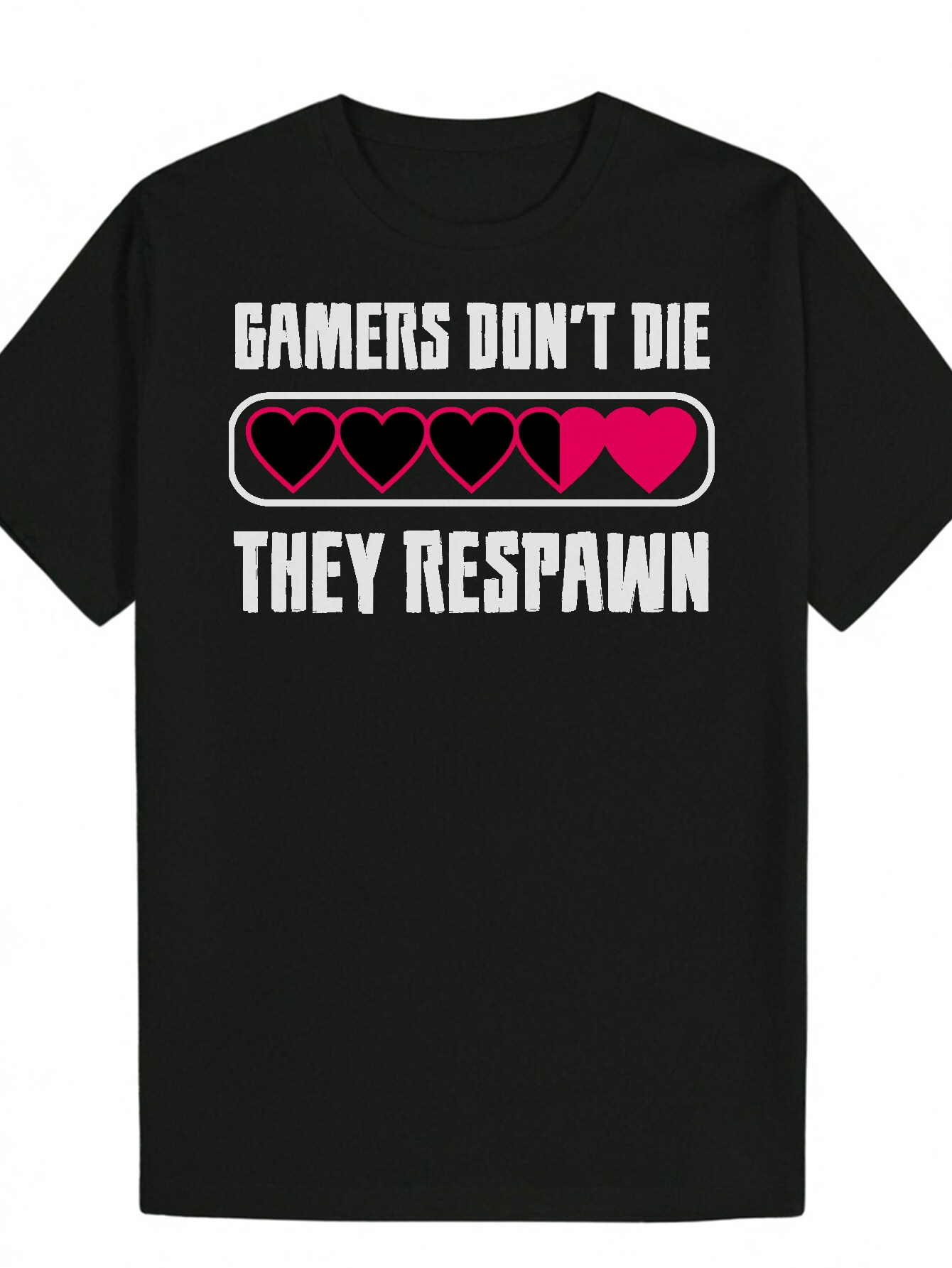Men's Round Neck Polyester "GAMERS DON DIE, THEY RESPAWN" Design - Summer T-Shirt with Heart Pattern, Comfortable Fashionable, Suitable