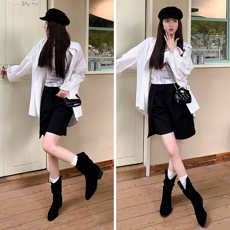 Free Shipping designer for womens boots black khaki New Fashionable Wrinkled Western Cowboy Medium Short Martin Boots