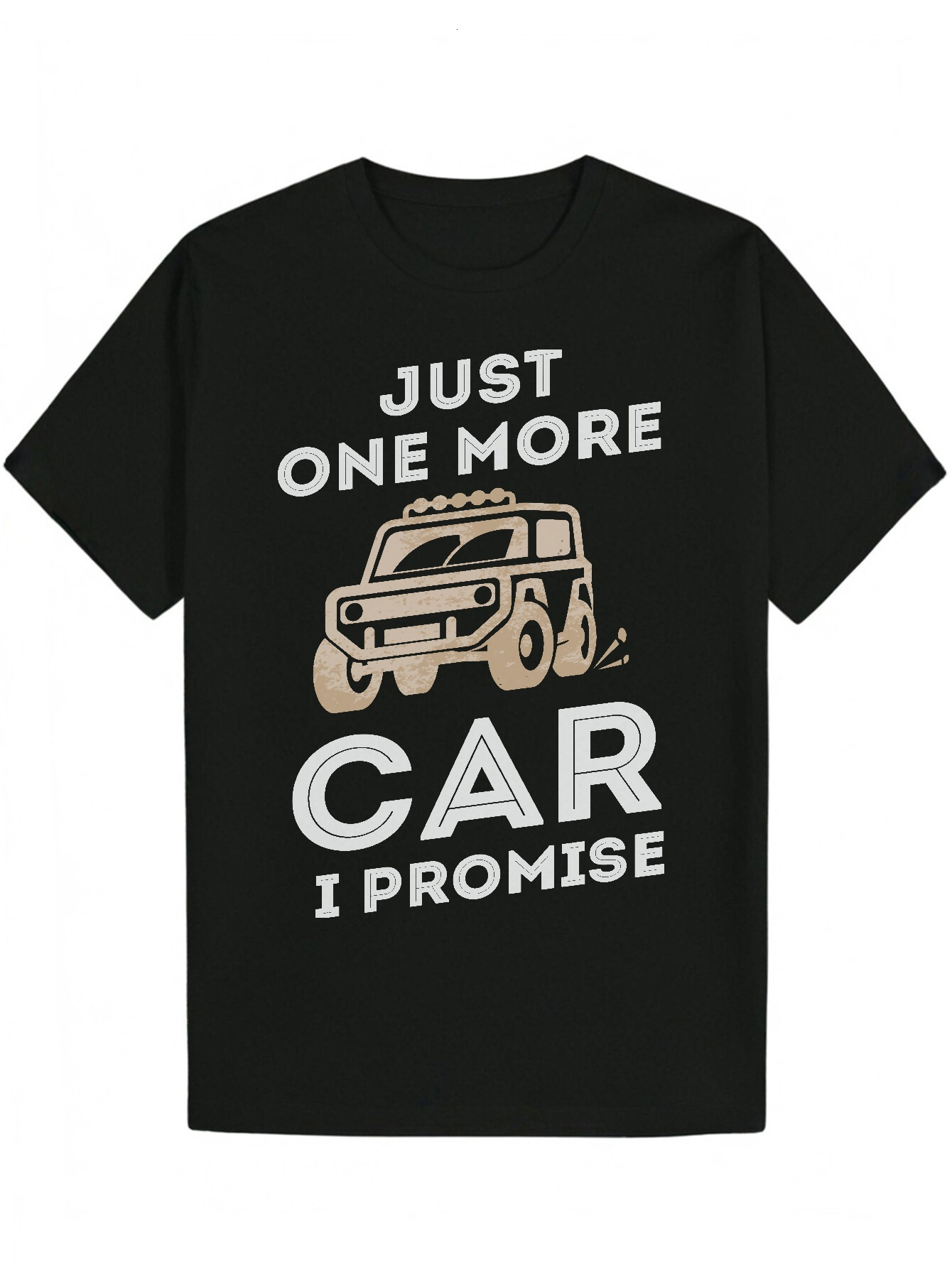 Men's Summer Casual Graphic T-Shirt - "One More Car" Cartoon SUV and Off-Road Vehicle Art, Black with White Text, Breathable Polyester 