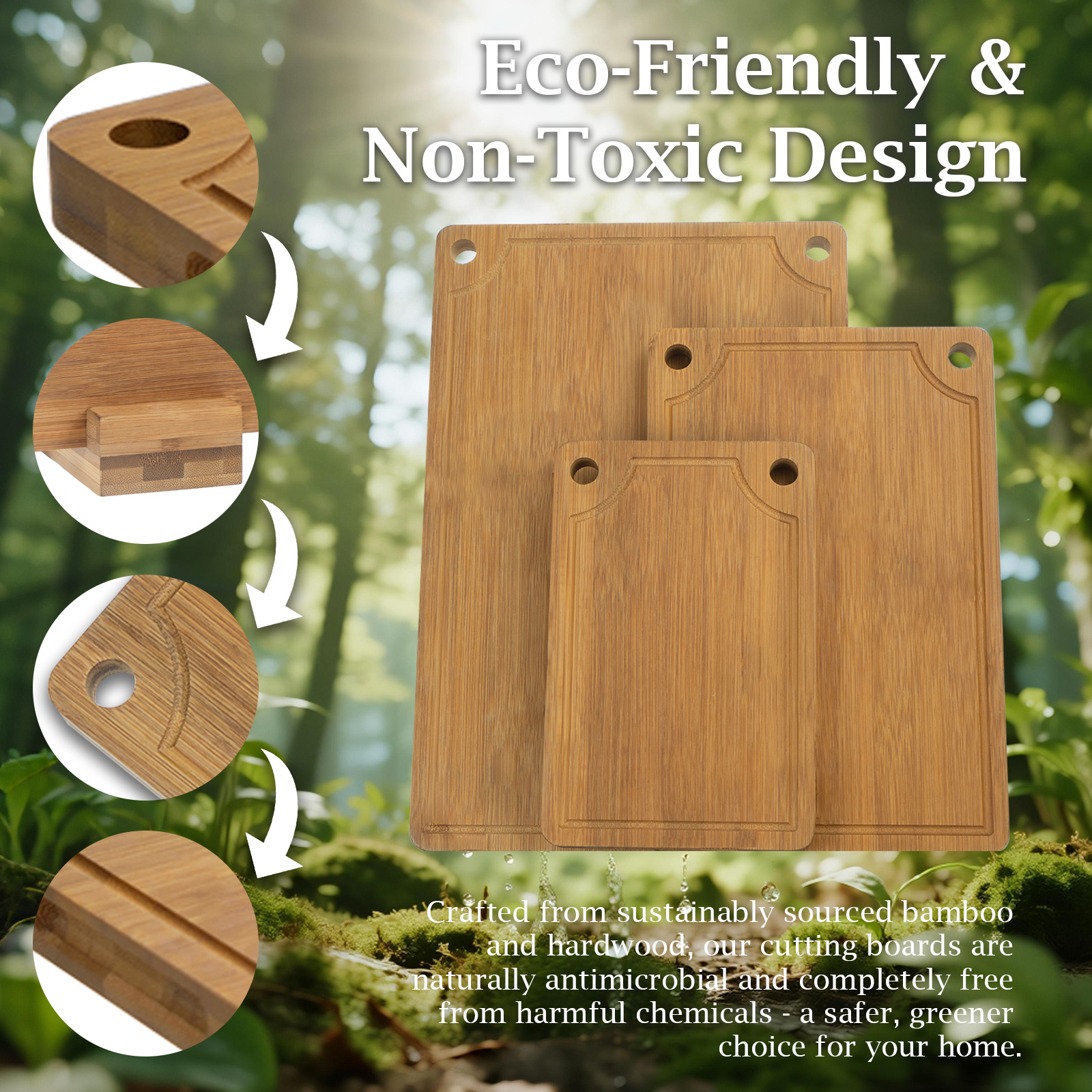 3-Piece Bamboo Cutting Board Set - Reversible with Juice Groove, Non-Slip Pads - for Meat, Vegetables, Cheese - Pre-Oiled Natural Wood - Kitchen Gift