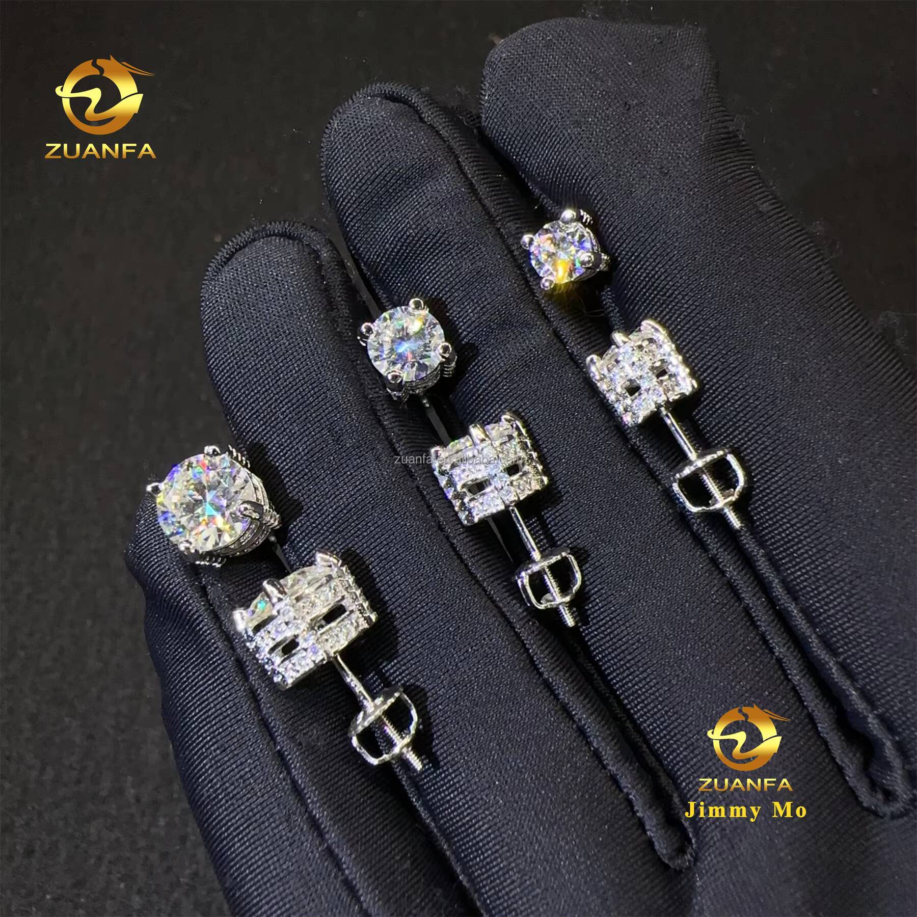 Bulk Stock Fashion Popular Rapper Fire Jewelry Iced Out Hip Hop Sterling Silver 925 Screw Back Moissanite Diamond Stud Earrings