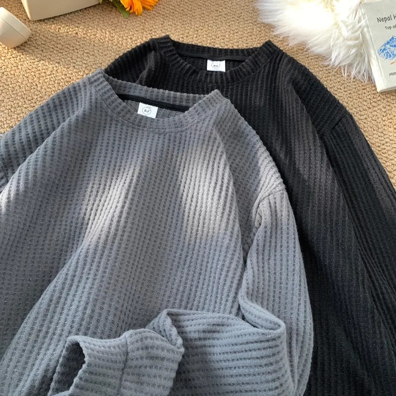 Basic Casual Waffle Long Sleeve Mens Oversized Lightweight Sweatshirt Breathable Loose Round Neck Unisex Clothing 250729