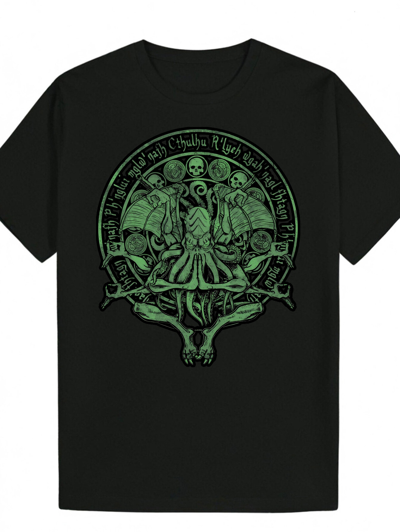 Men's Heavy Metal Pattern Black with Neon Green Mysterious Design Breathable Crew Neck T-Shirt for Concerts, Daily Street Wear - Machine Washable