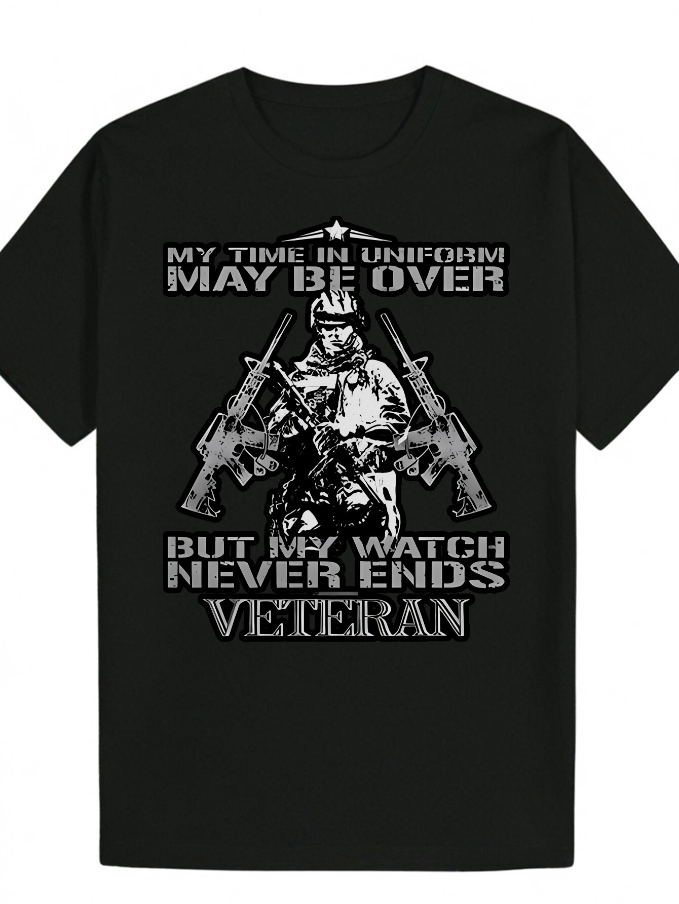 Men's Patriotic Military Pattern T-Shirt - Black Veteran Tribute Design with "The Time I Wore Uniform" Text, Lightweight Polyester Summ