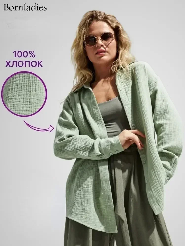Bornladies Womens Spring Summer 100% Cotton Shirts Office Lady Fashionable Solid Long Sleeve Loose Tops Crepe 250731