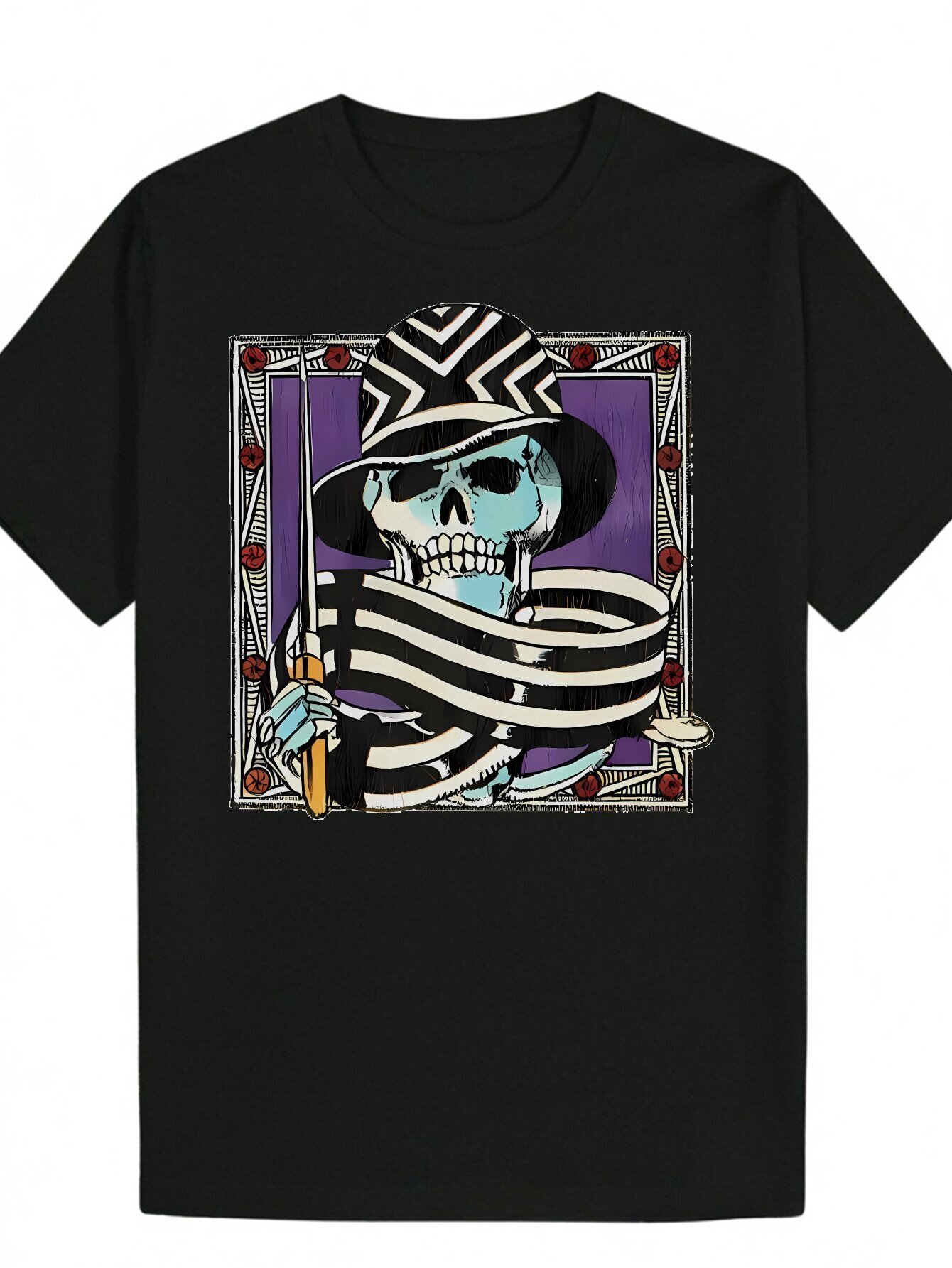 Men's Summer Casual T-Shirt - Black Polyester with Fashionable Skull Print, Round Neck, Machine Washable