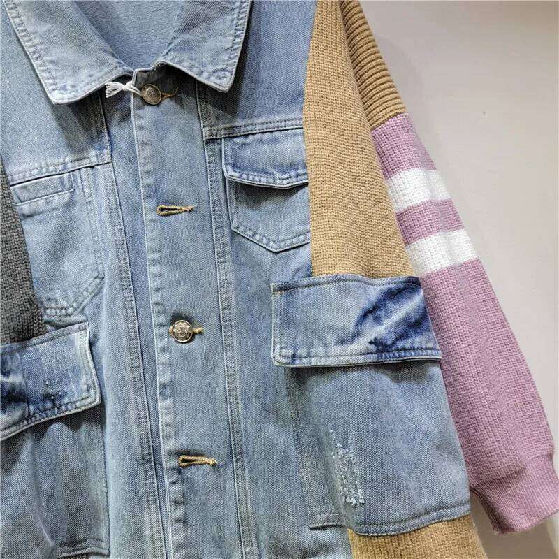 hoodie Fashion New Women's Patchwork Striped Knit Denim Coat Winter Long Sleeves Lapel Jacket Female 1LS521 jacket