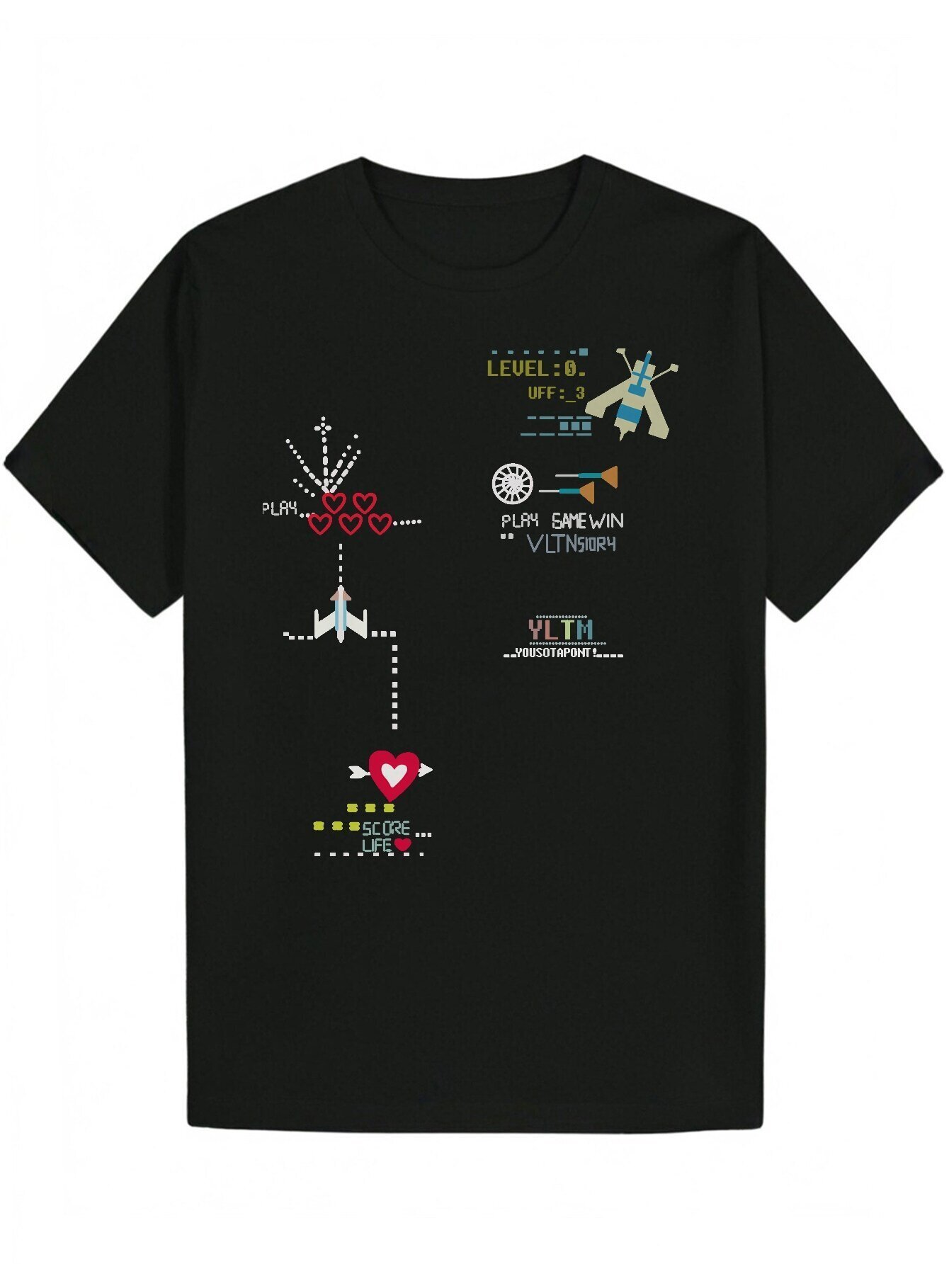 Men's Summer Round Neck Polyester T-Shirt with Complex Space Theme Pattern Design - 'LEVEL 5' 'GAME OVER' Patterns, Black, Re