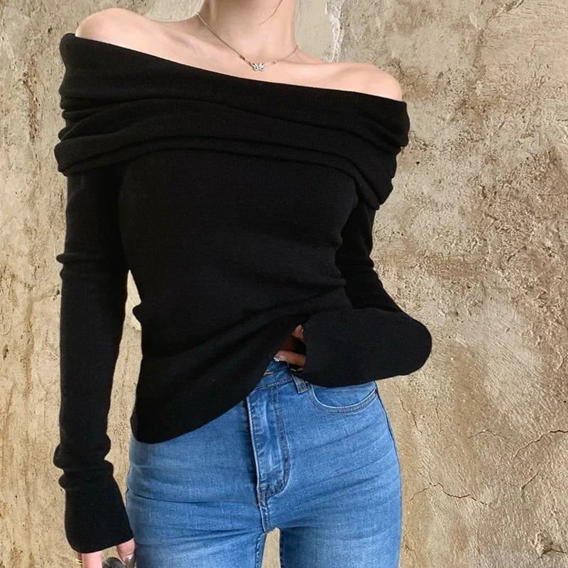 EVNISI Women Knit Slash Neck Slim Sweater Solid Office Pullovers Off Shoulder Long Sleeve For Autumn Winter 250731