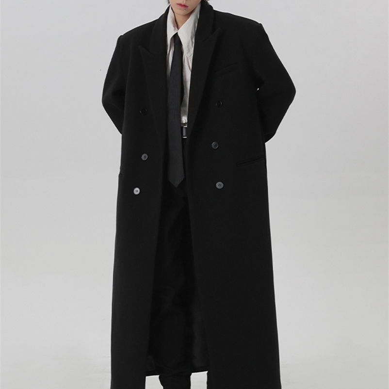 Mauroicardi Autumn Winter Extra Long Black Oversized Warm Wool Blends Coat Men Shoulder Pads Double Breasted Outerwear 250724CJ
