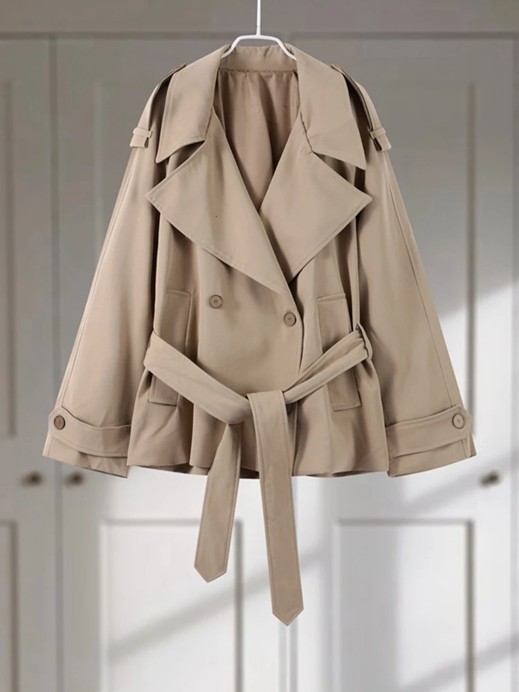 Casual Loose Jackets Women Lapel Long Sleeves Belt Double Breasted Short Windbreaker 2025 Spring Fashion Chic Streetwears Lady 250728