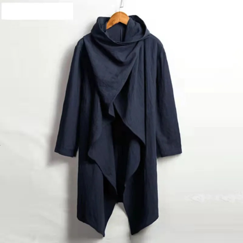 Vintage Ponchos Men Irregular Cardigan Coats Long Sleeve Scarf Collar Trench Cotton Outwear Solid Cloak Jackets Streetwear 250729