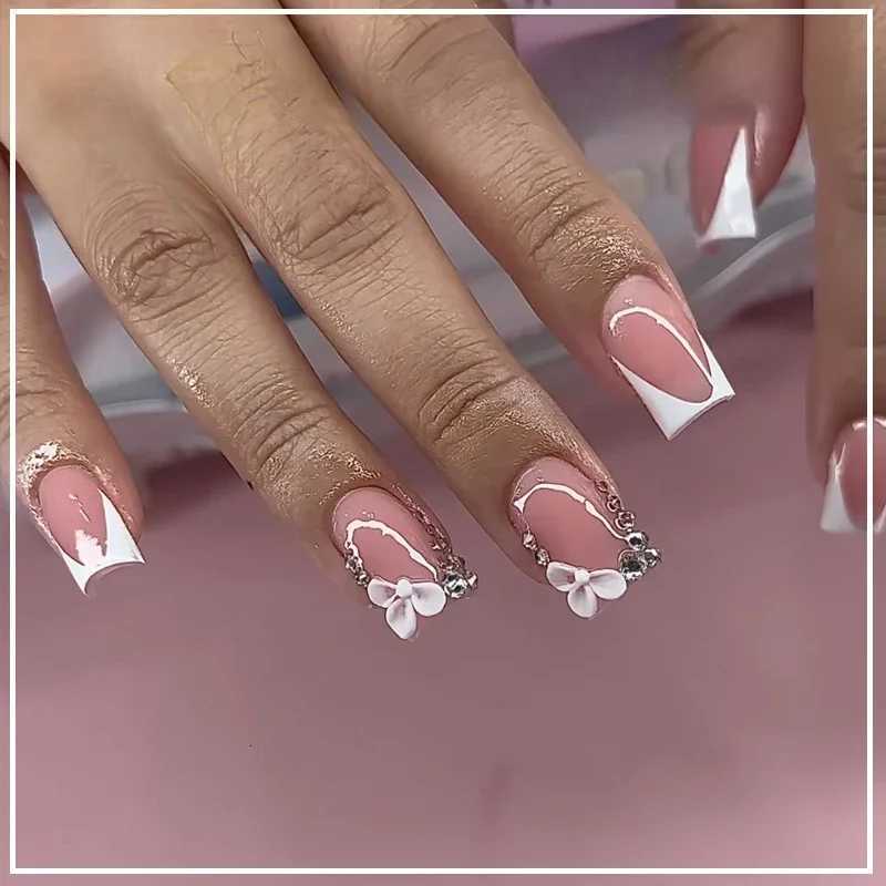 Pink French Square Press On Nails with Rhinestone Flower Bow Design - 24 Piece Short Blush False Nail Tips Art Set R250807