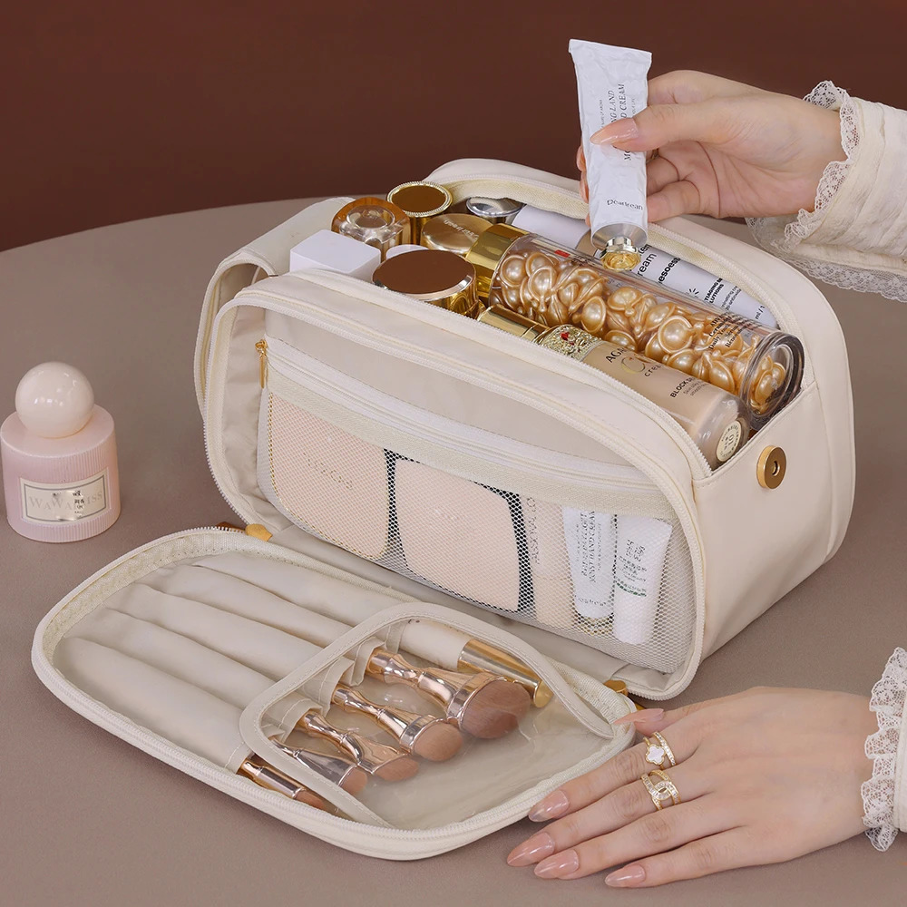 Pink Waterproof PU Leather Multifunctional Makeup Bag Double-Layer Large Capacity Portable Travel Cosmetic Bag Toiletries Storag 250731