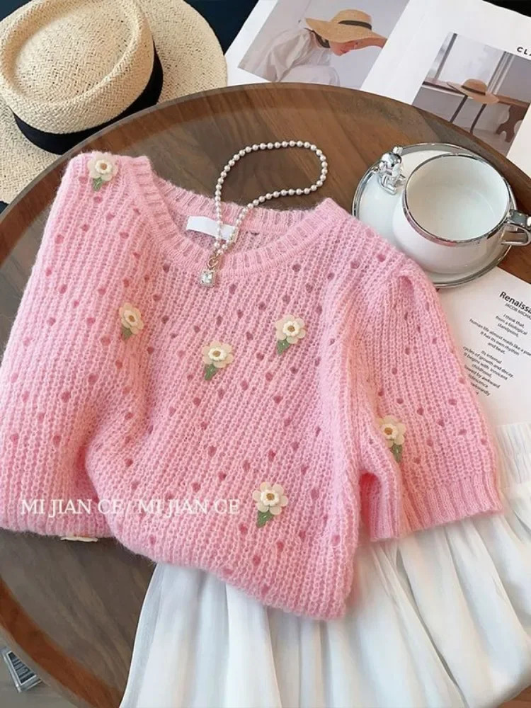 Spring Summer Sweet Pink Knitted Tops Short Sleeve Tshirt Soft Sweater n Knitwear Floral Hollow Out Thin Chic 250731