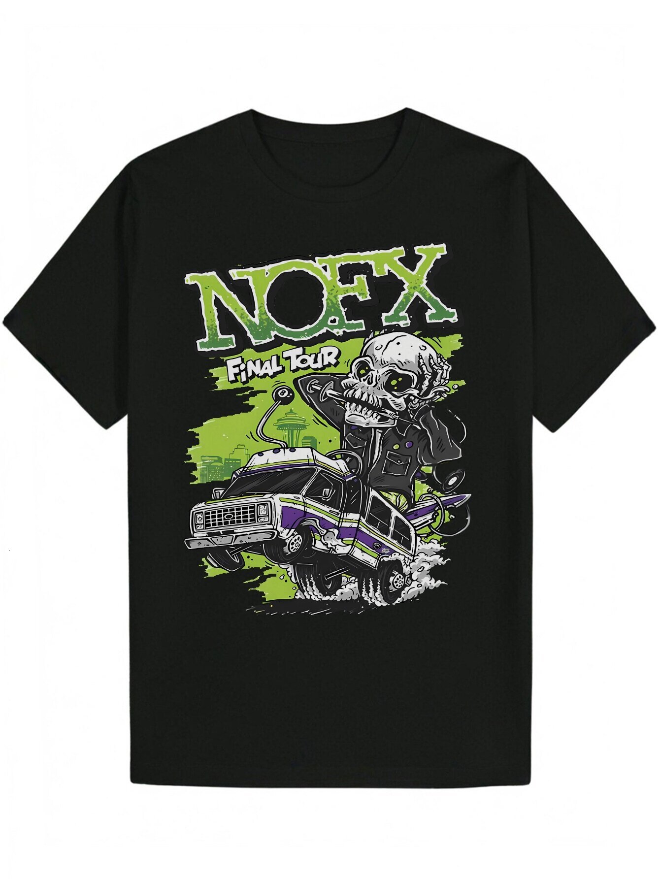 Men's Summer Crew Neck T-Shirt - Vibrant NOFX 'Final Tour' Pattern, Black Polyester T-Shirt, Skull Car Design, Lightweight and Breathab