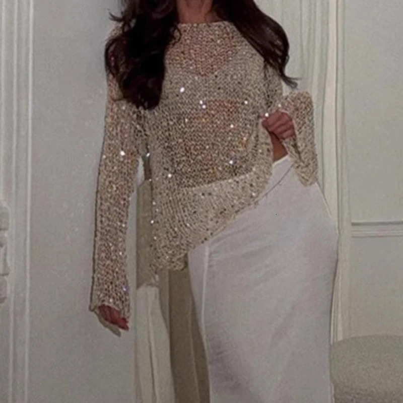 Sequins Hollow Out Pullovers Women Loose Oneck Long Sleeve Knit Sweaters Female Spring Shinny Chic Evening Shirts Lady 250731