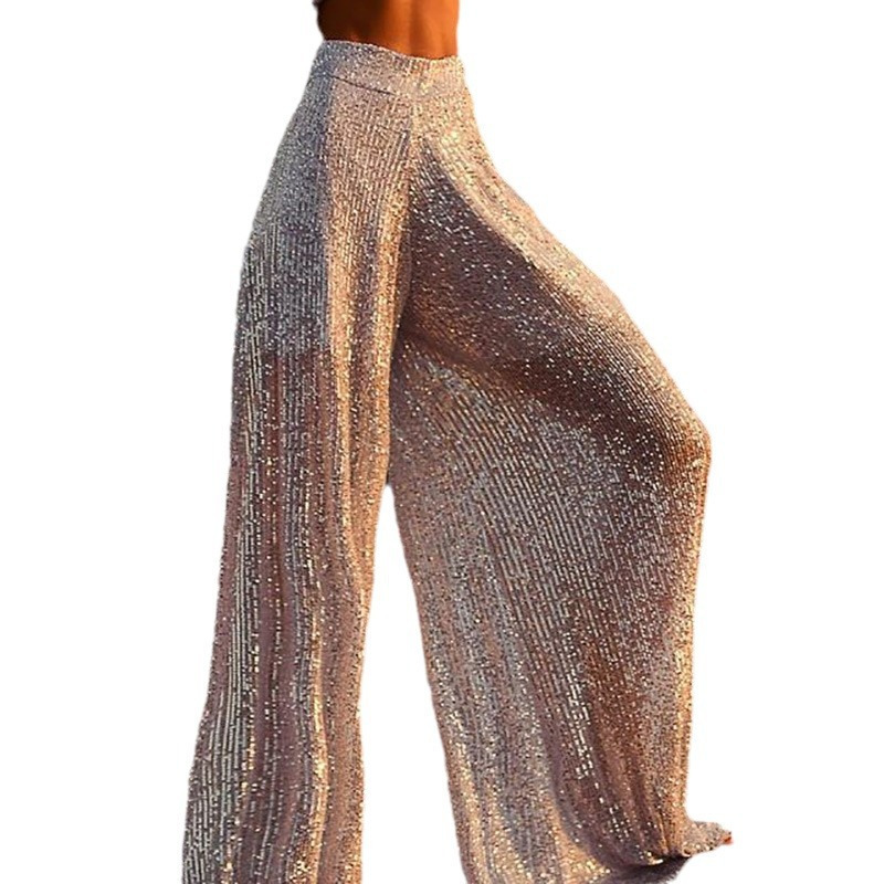 Womens Pants Capris Fall Winnter Silver Sequin Female Trousers High Waist Casual Luxury Party Outfit Trousers High Street Sparkle Loose Legg