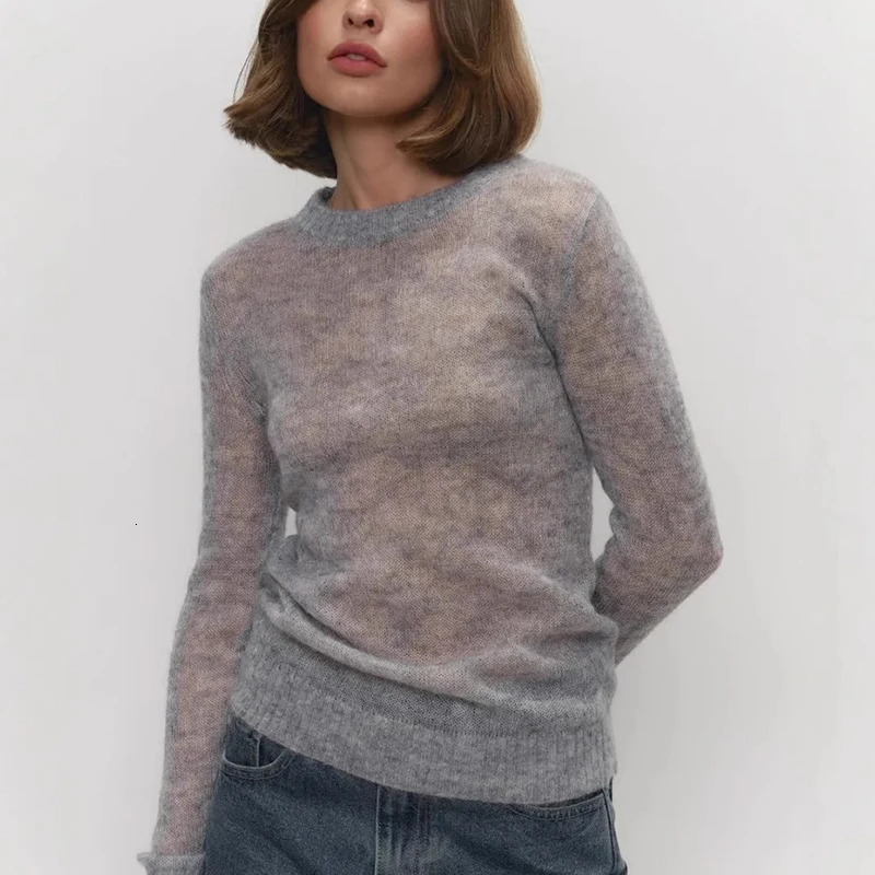 TARUXY Mohair Round Neck Pullover Sweater For Women Spring Summer Knitted Bottom Semisheer Knit Female Top 250731