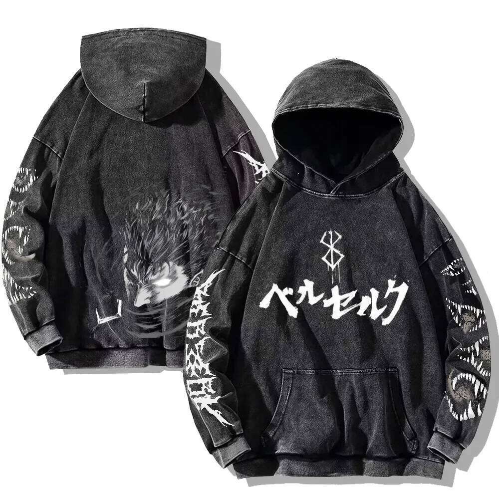 Mens Berserk Hoodies Gothic Print Vintage Washed Hip Hop Streetwear Cotton Sweatshirts Y2k Oversized Hoodie - view 4