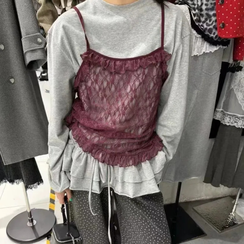 Deeptown Basic Gray Ruffles Knitwear Women Drawstring Long Sleeve Korean Fashion Pullovers Loose Solid Color Casual Autumn 250731