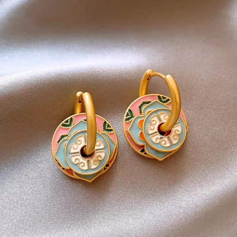 New Enamel Oil Drop Flower for Women, Light Personality Chinese Style Earrings, Niche Zircon Earrings