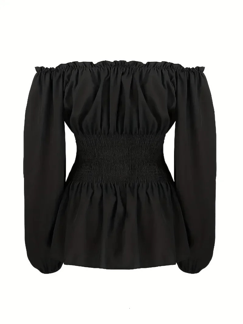 Womens Summer Plus Size 1XL5XL Outfits Versatile Solid Color Long Sleeve Blouse Fashion Off Shoulder Lace Up Corset Shirt 250731