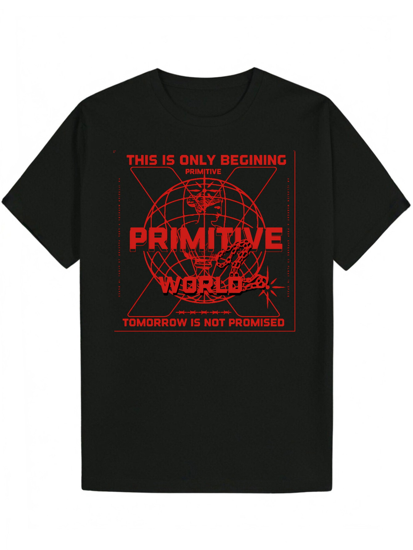 Men's Summer Pattern Black with Red "Primitive World" and "Tomorrow Has No Hope" 100% Polyester Casual Crew Neck T-Shirt - Ma