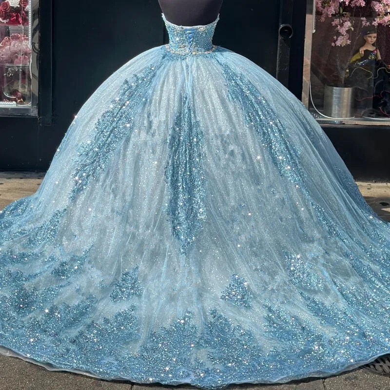 Luxury Sky Blue Shiny Quinceanera Dresses 2025 Lace Applique Beads Sweethear Princess Sweet 15 16 Year Birthday Party Gown Junior Girls Pageant Dress