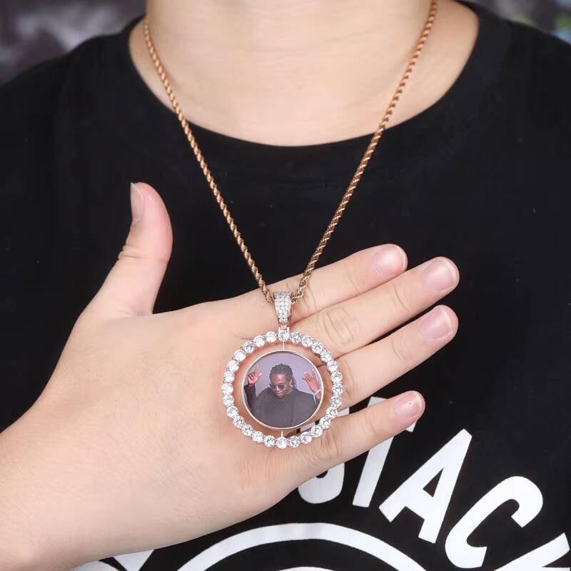 Fashion Hip Hop Memory Brass Zircon Rotatable Double Sided 1.7 Inches Circular Photo Pendant
