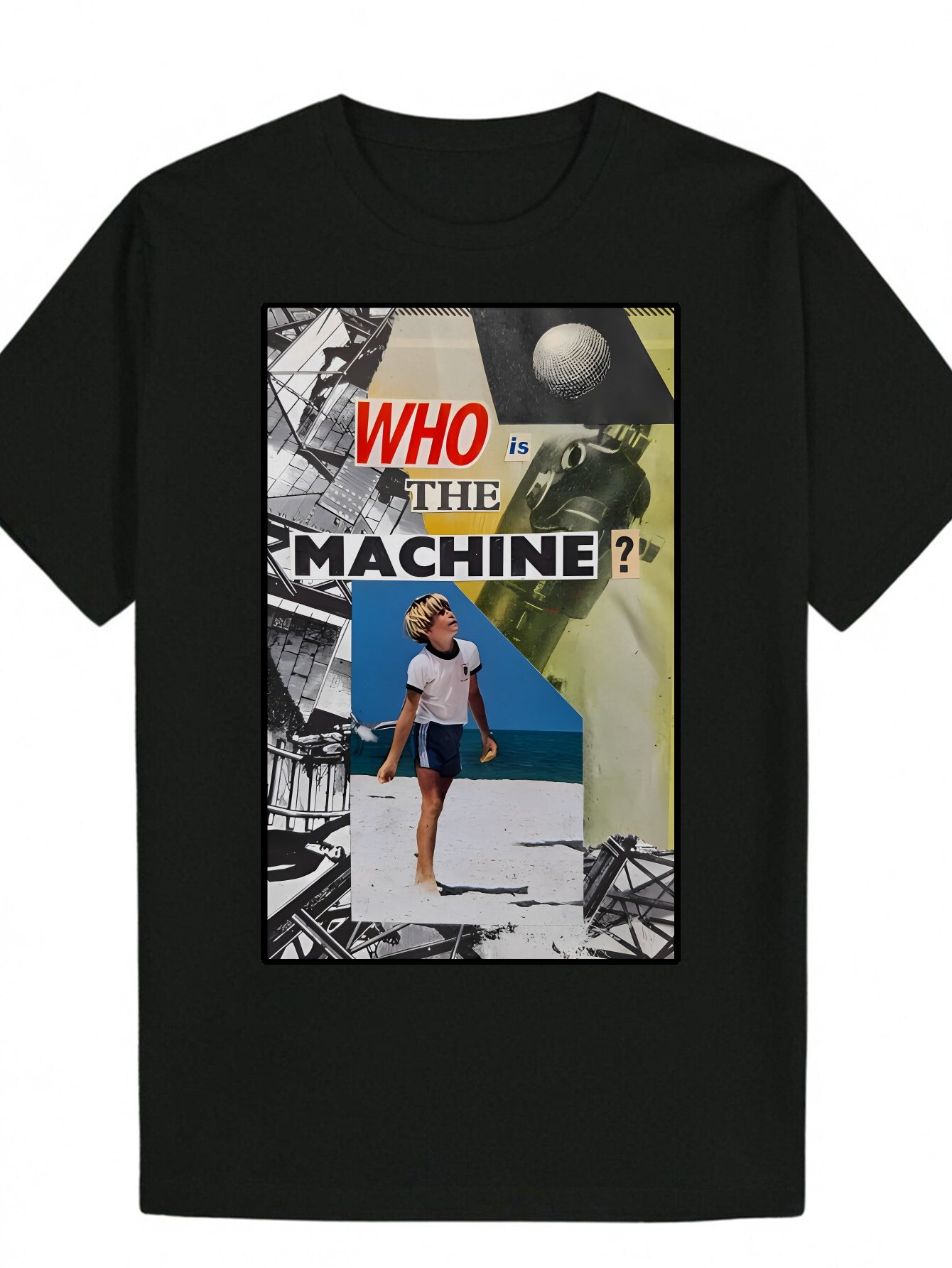 Men's Summer Casual Graphic T-Shirt - Crew Neck, Polyester, Black, Printed with "Is the World Health Organization a Machine?", Robot an