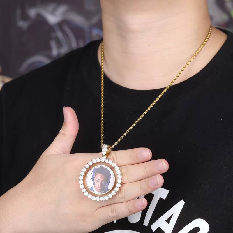 Fashion Hip Hop Memory Brass Zircon Rotatable Double Sided 1.7 Inches Circular Photo Pendant