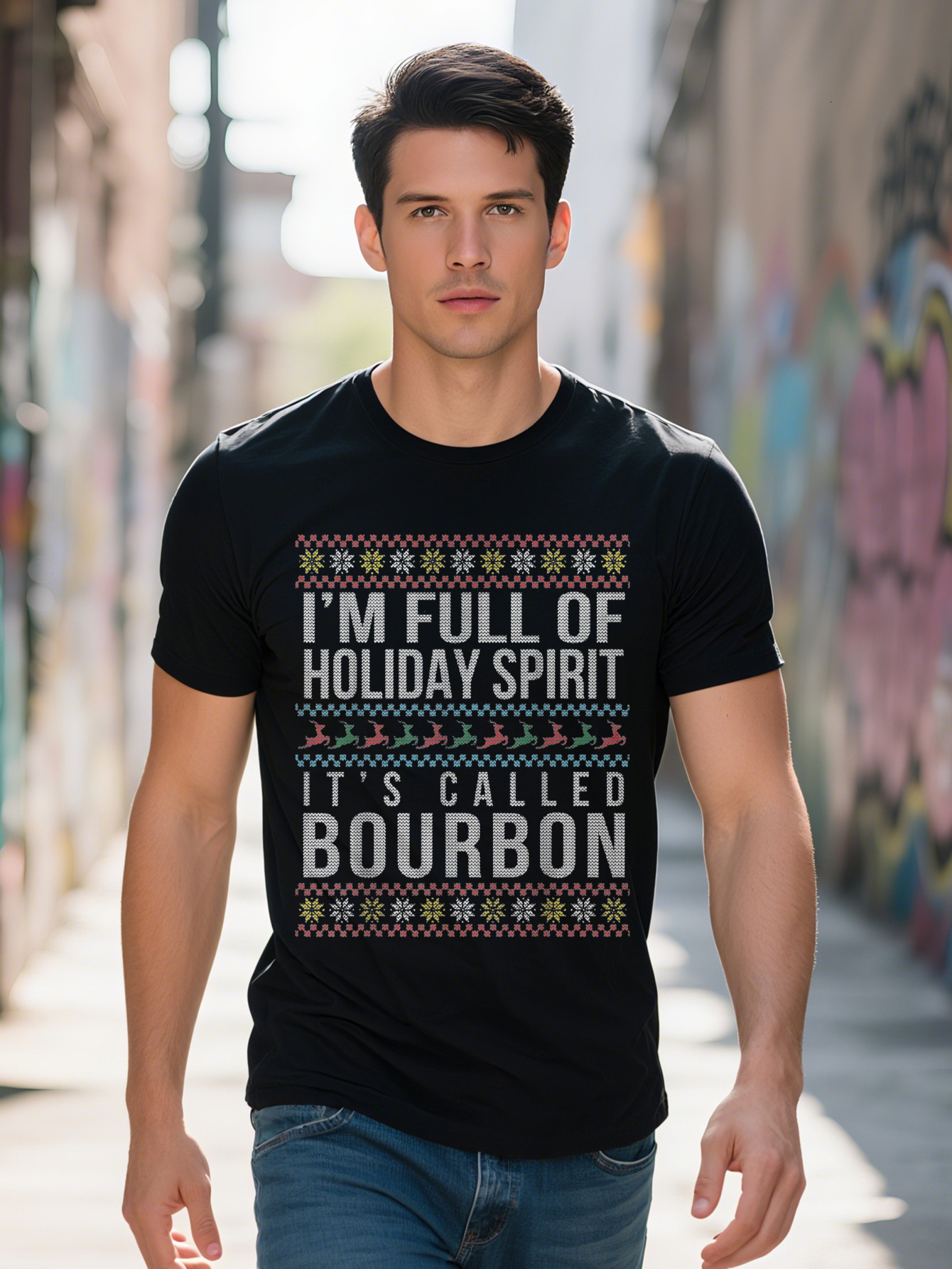 Men s Cotton T Shirt Funny Bourbon Holiday Party Ugly Christmas Drinking Theme Short Sleeve Round Neck