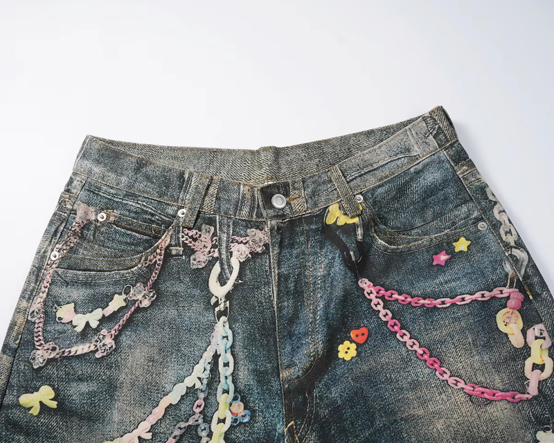 MIJKO Vintage 3D Print Color Chain Washed Baggy Jeans for Men and Women Straight Harajuku Loose Denim Trousers Oversized Cargo Pants