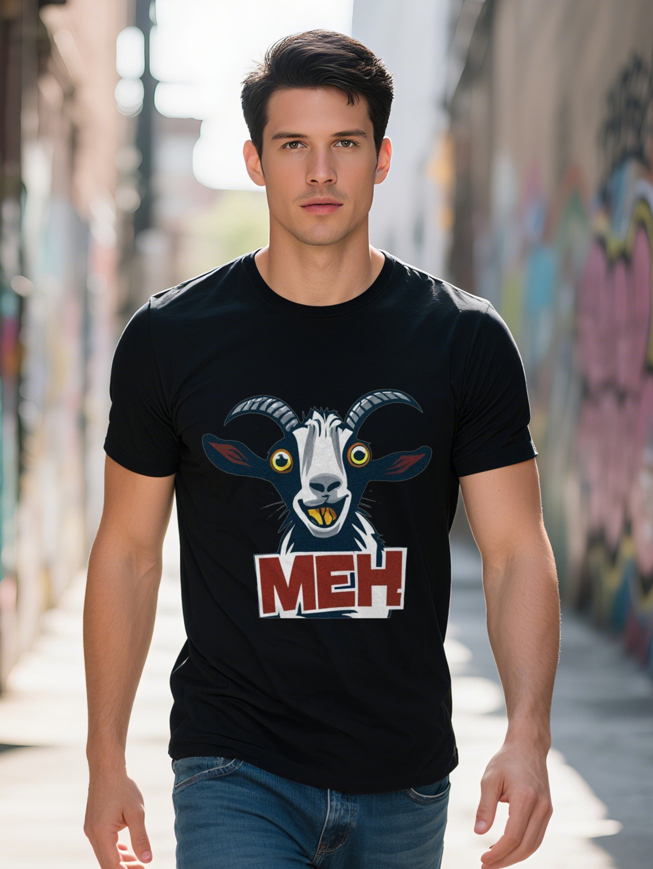 Meh Cartoon Goat Graphic Tee Men Casual Polyester Round Neck T Shirt Washable Perfect for All Seasons Leisure