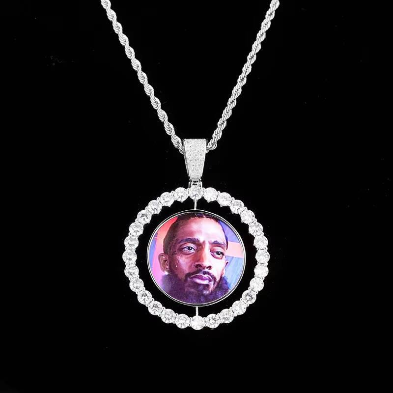 Fashion Hip Hop Memory Brass Zircon Rotatable Double Sided 1.7 Inches Circular Photo Pendant