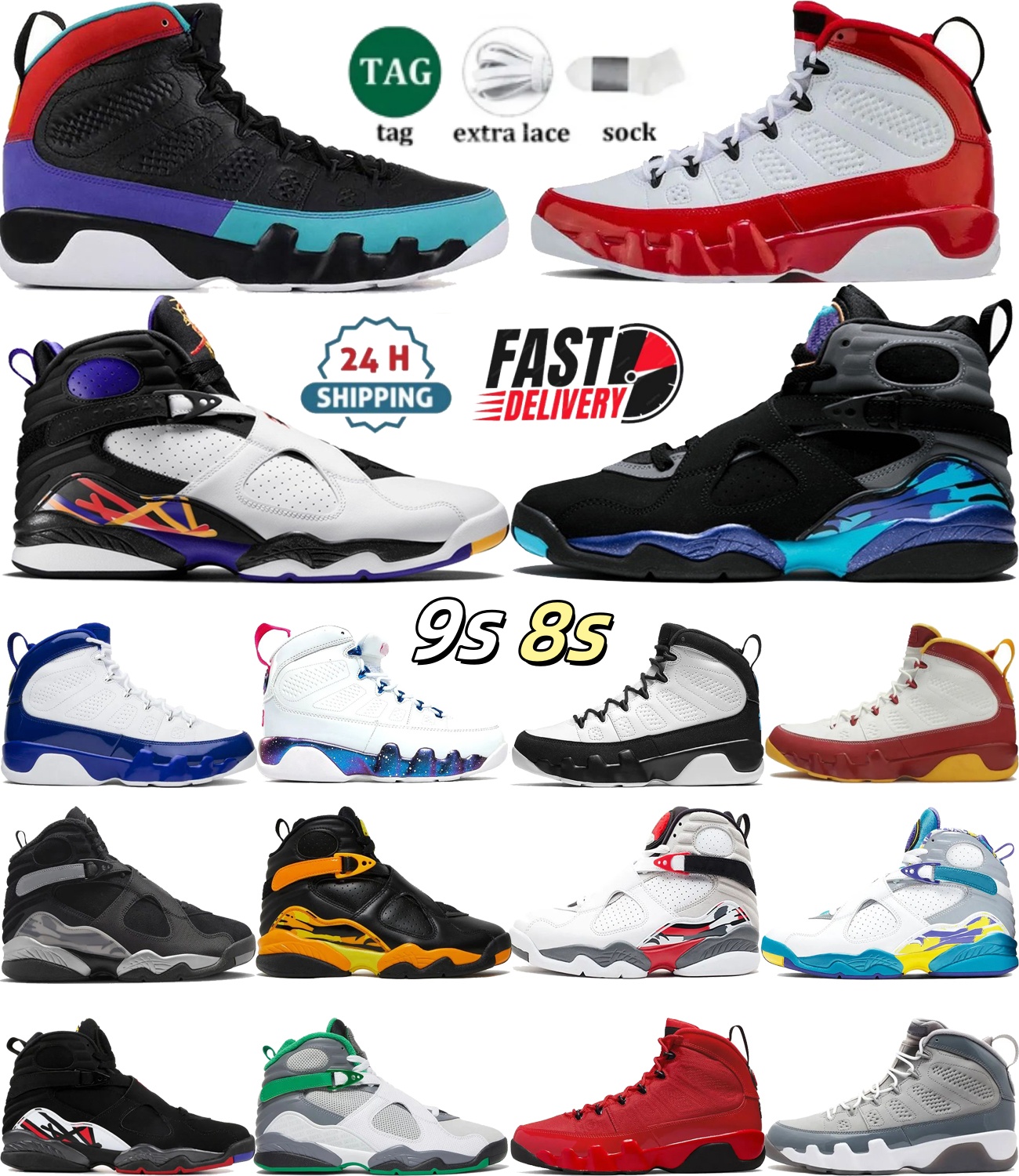 9s Basketball shoes 8s designer men Outdoor leisure sports shoes fashion high-tops leather Retro basketball sport shoe Black white gray red green trainer 40-47