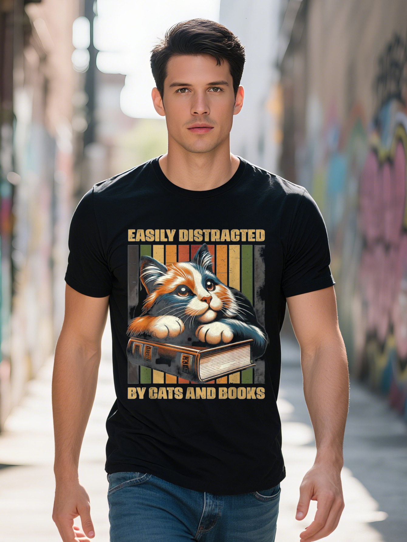 Men s Vintage Style Cotton T Shirt Easily Distracted by Cats and Books Funny Animal Graphic Tee Short Sleeve
