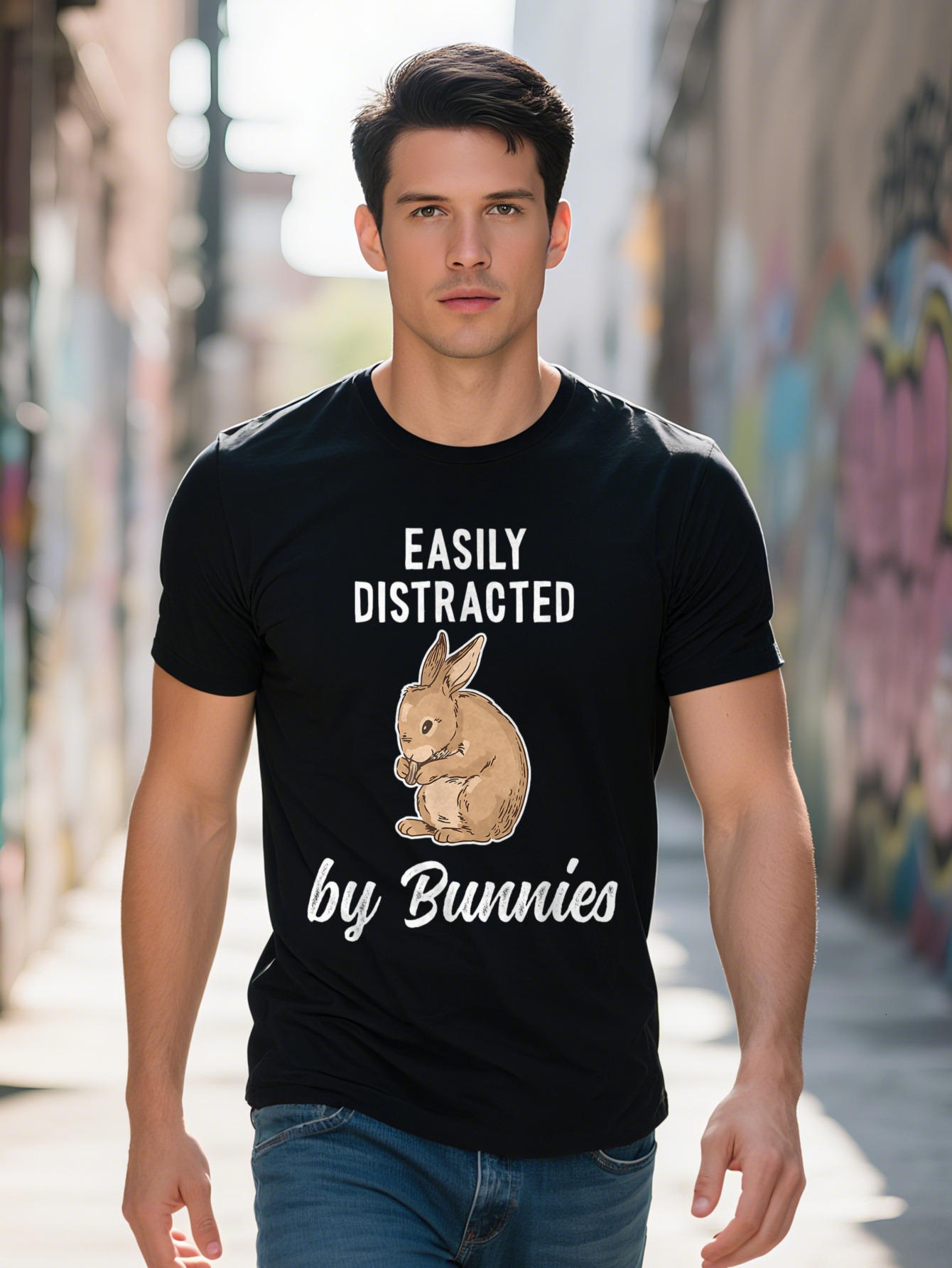 Funny Happy Bunny T Men and Women Cotton Breathable Short Sleeve Shirt Easily Distracted by Bunnies