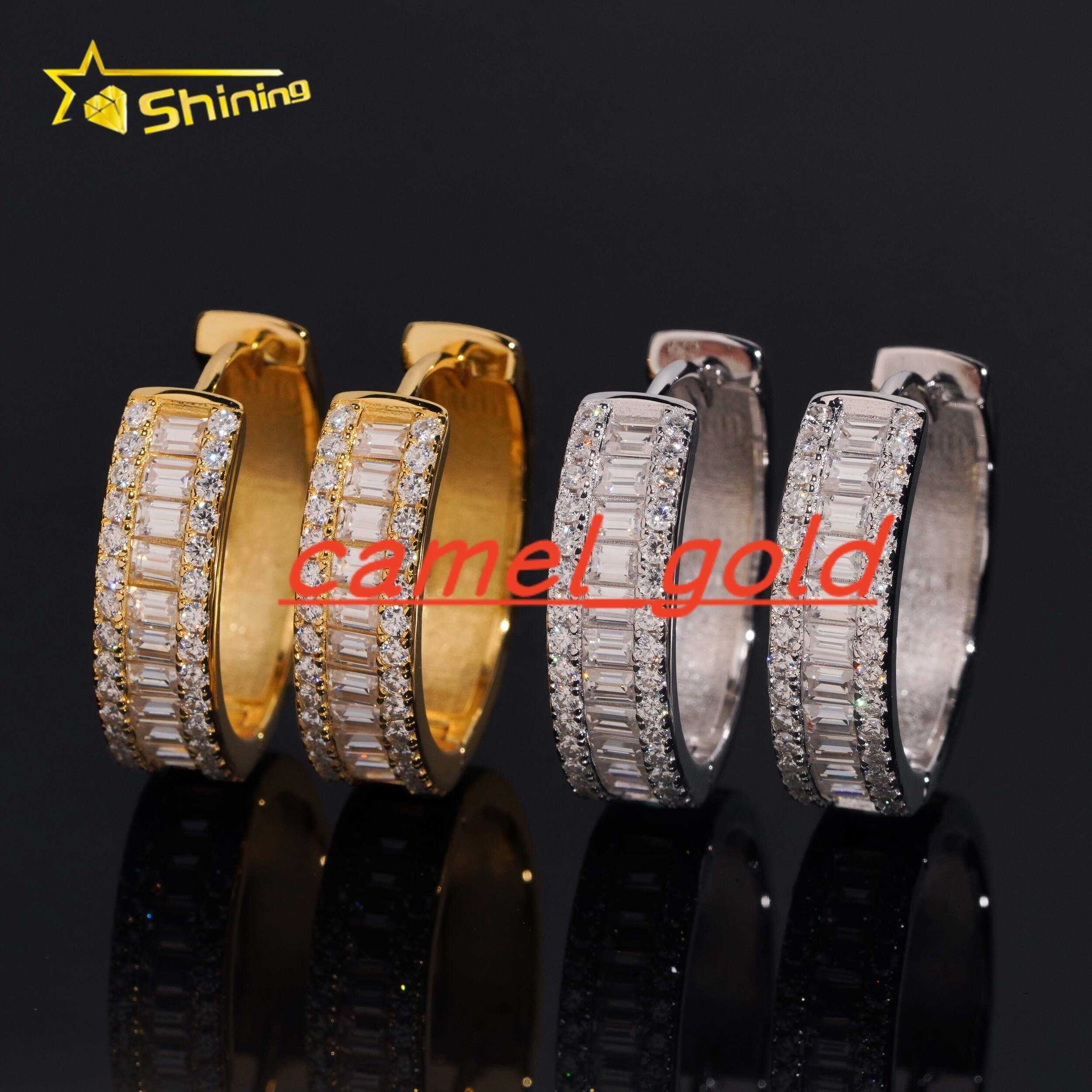 Fine Jewelry 925 Silver Hip Hop Gold Plated Iced Out Baguette Moissanite Diamond Hoop Earrings