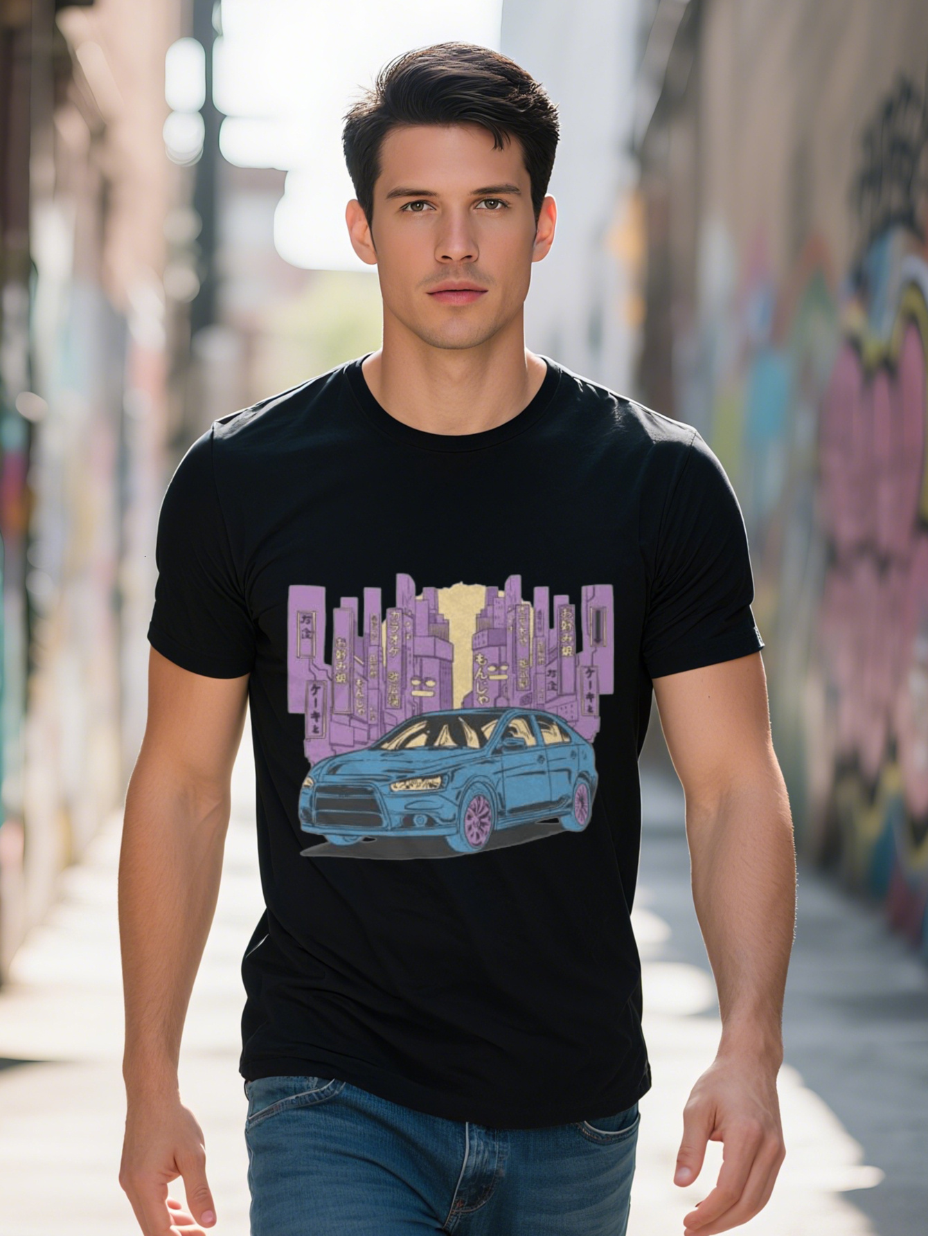 Men's 100% Cotton Graphic T-Shirt - Japanese Design, Vibrant Urban Landscape Art, Crew Neck, Short Sleeve, Black, Perfect for Casual Wear, Car Sh