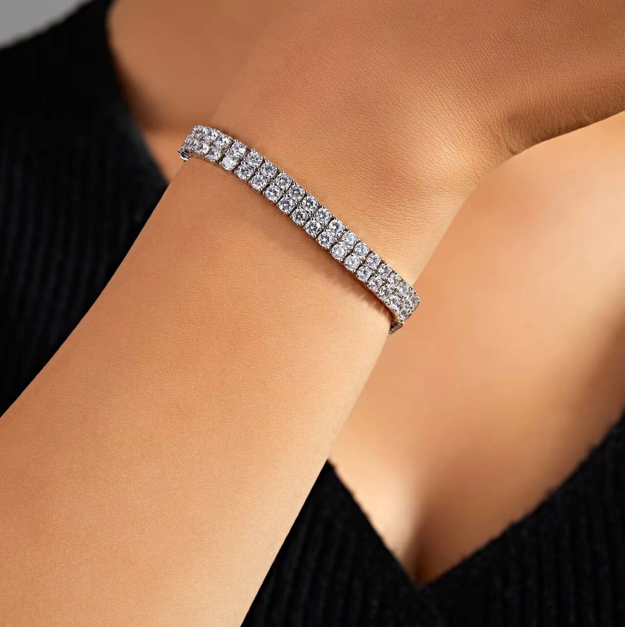 Custom Fashion Geometric Brass Jewelry Rhodium Plating Womens Trendy 3mm Double Row CZ Zircon Tennis Chain Link Bracelet