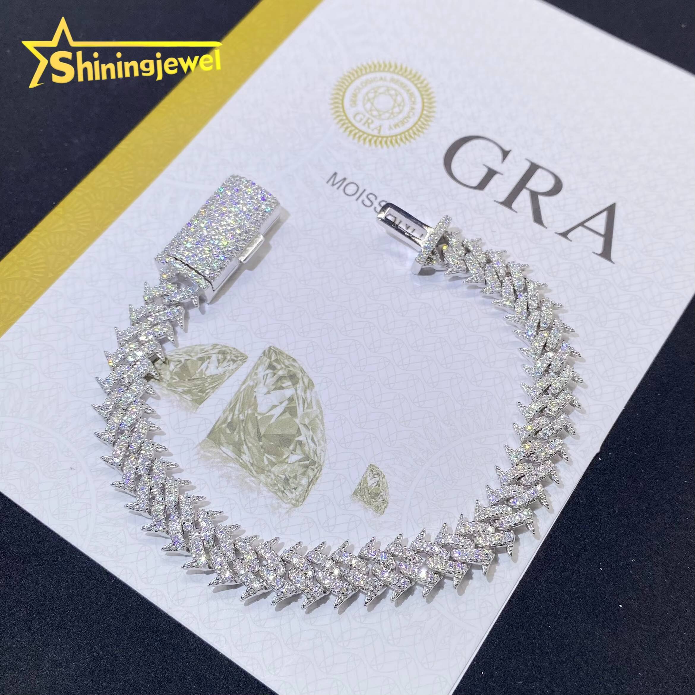 Hot Sale 10mm 925 Silver Cuban Link Chain VVS D Moissanite Iced Out Diamond Jewelry Thorn Design Miami Cuban Bracelet