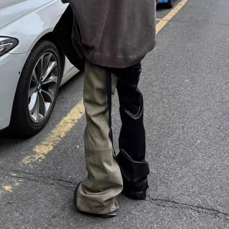 MIJKO RO Style Ribbons Patchwork Gradient Stacked Wax Pants Unisex Straight Streetwear Baggy Y2K Flare Jeans Oversized Loose Cargos